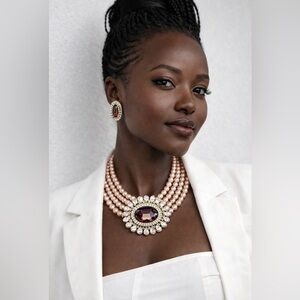 Heidi Daus Statement Necklace & Earring Set – Peach Pearl with Amber Crystal